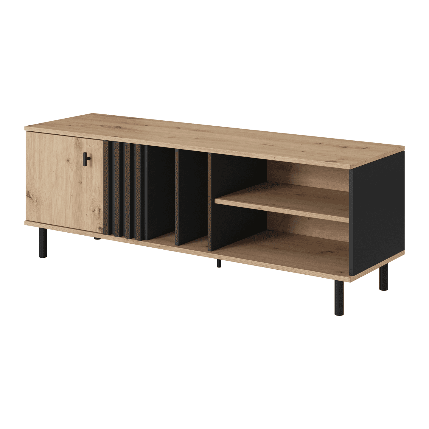 Szafka RTV Ligno Dąb artisan + czarny antracyt z lamelami i czarnymi nogami