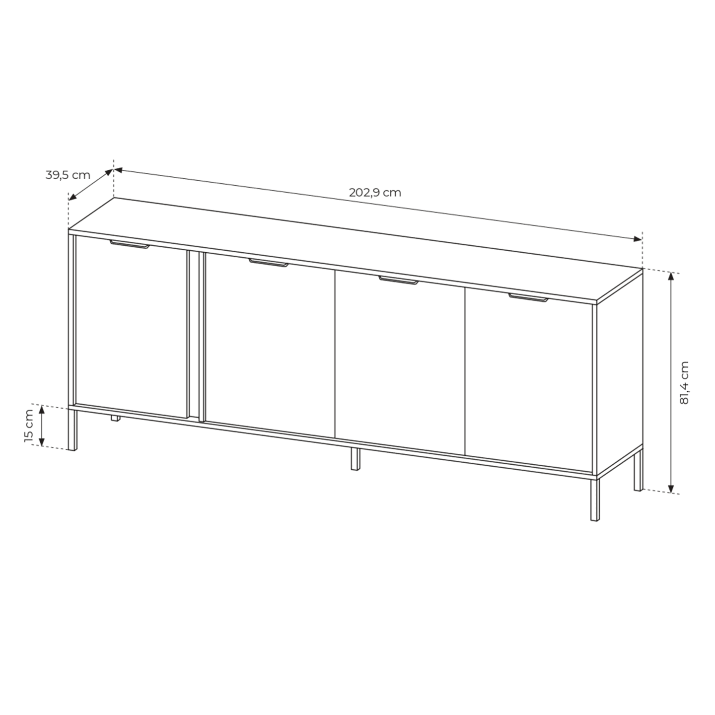 Szeroka Komoda Muri Antracyt ze złotymi uchwytami, duża czterodrzwiowa