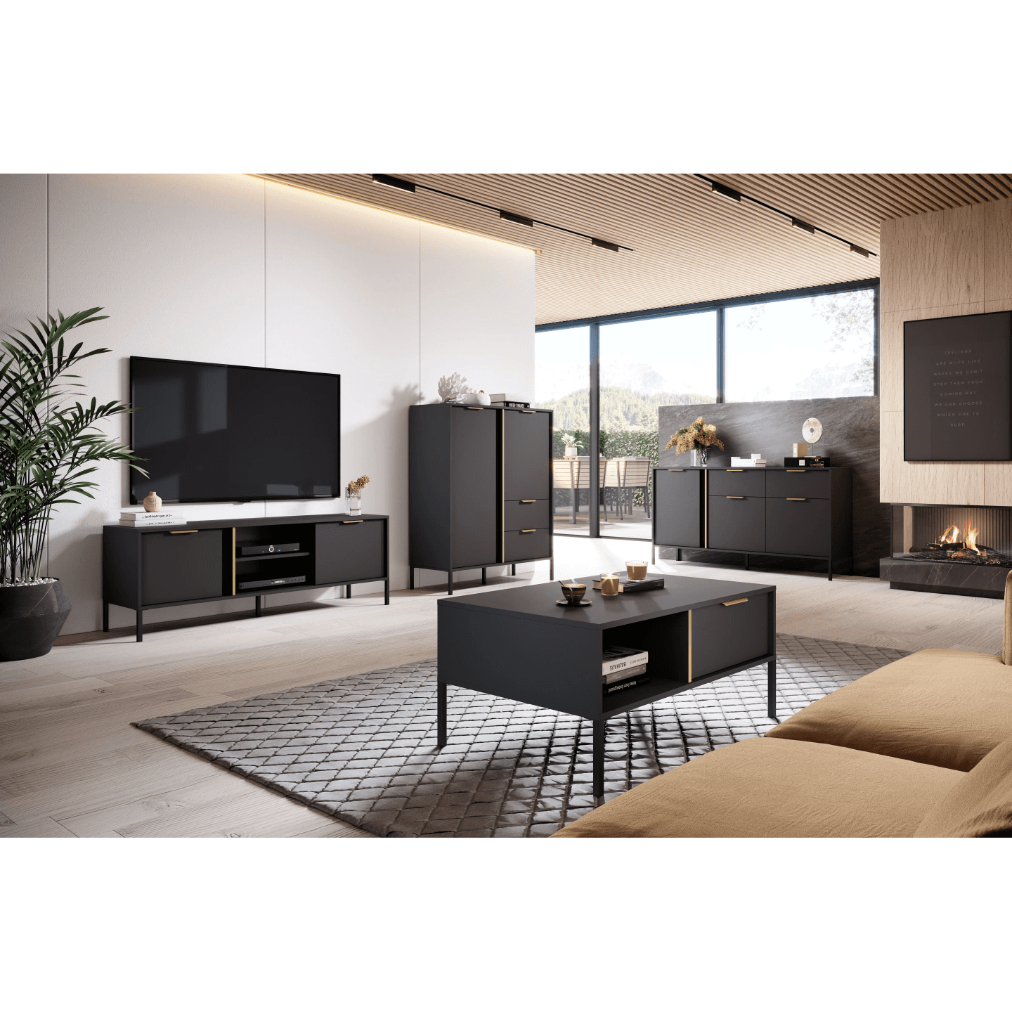 Szeroka Komoda Muri Antracyt ze złotymi uchwytami, duża czterodrzwiowa