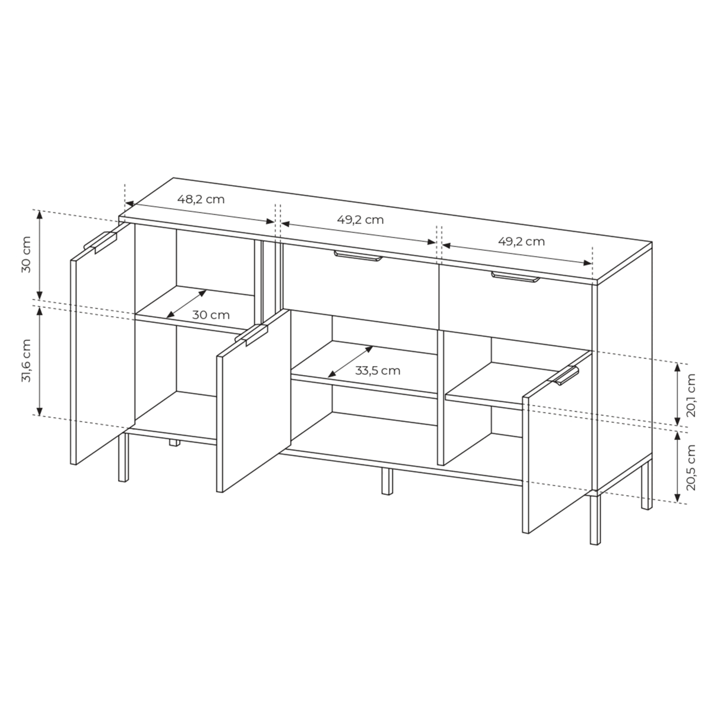 Komoda Muri w kolorze Antracyt z czarnym stelażem i złotymi uchwytami
