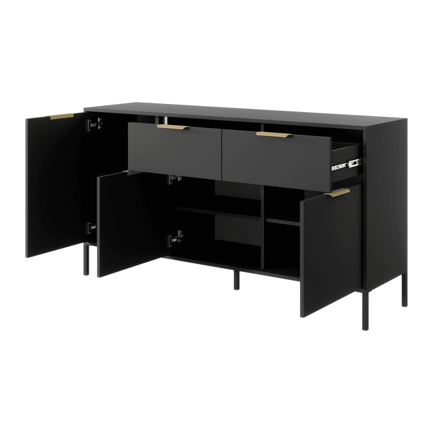 Komoda Muri w kolorze Antracyt z czarnym stelażem i złotymi uchwytami