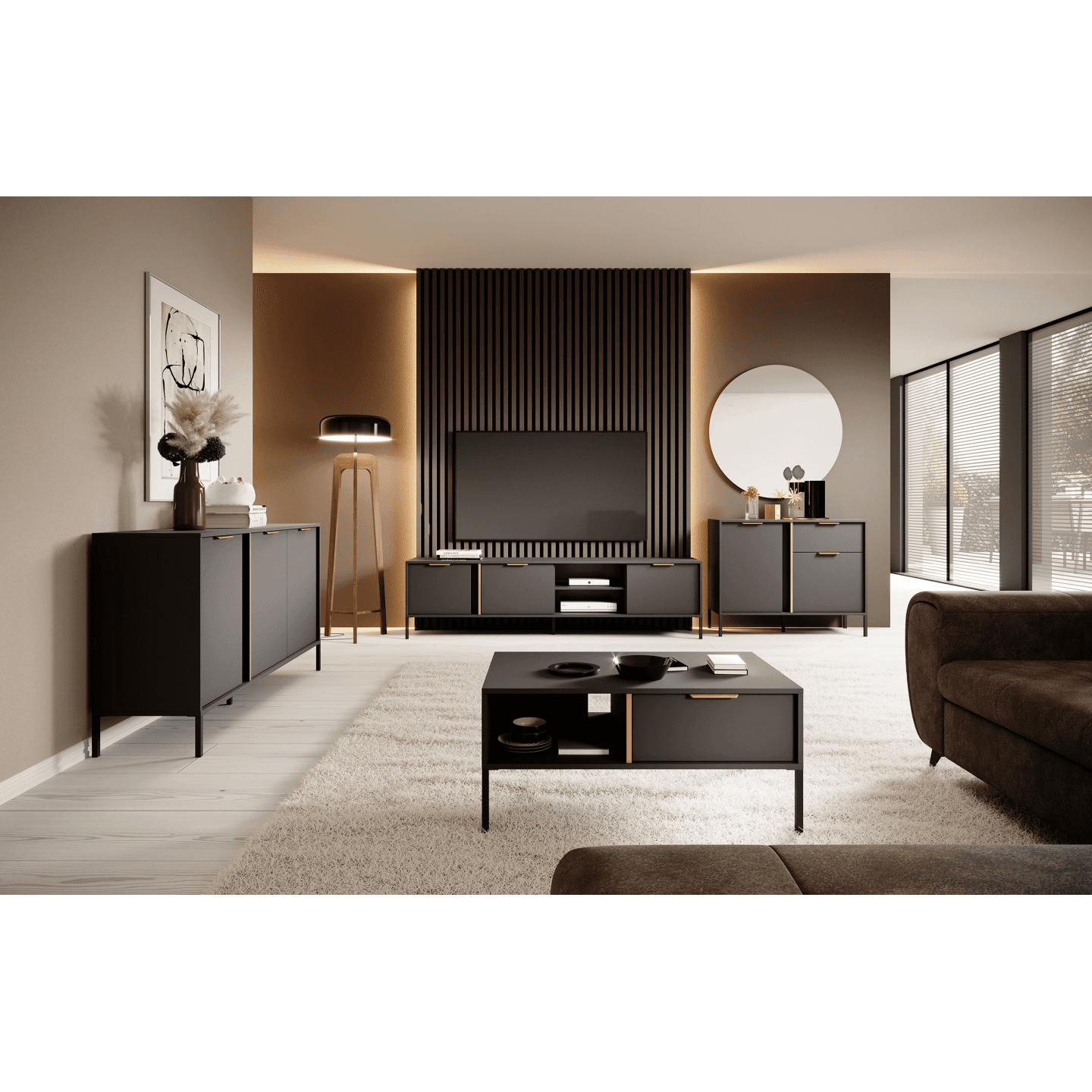 Komoda Muri w kolorze Antracyt z czarnym stelażem i złotymi uchwytami