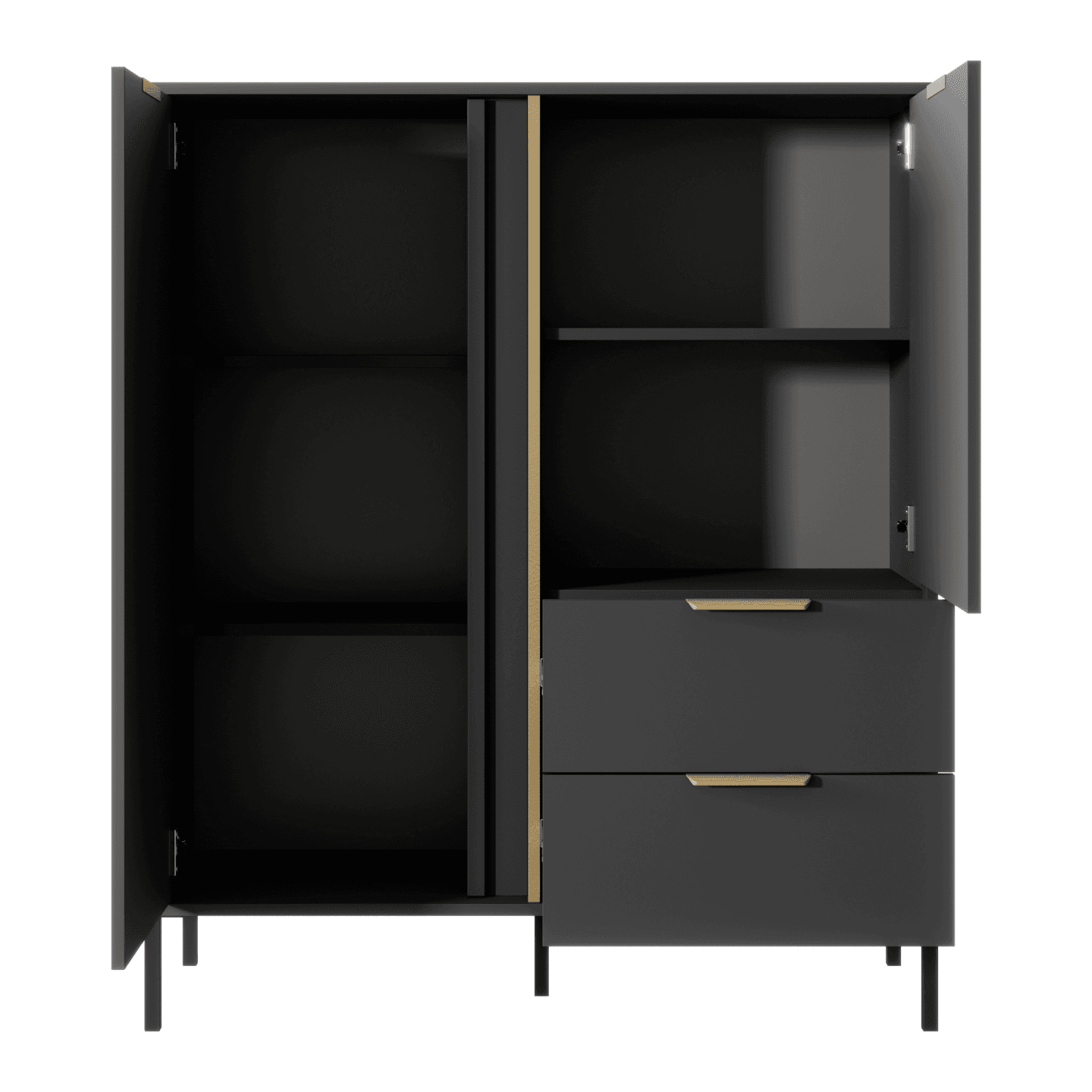 Wysoka Komoda Muri w kolorze Antracyt ze złotymi uchwytami