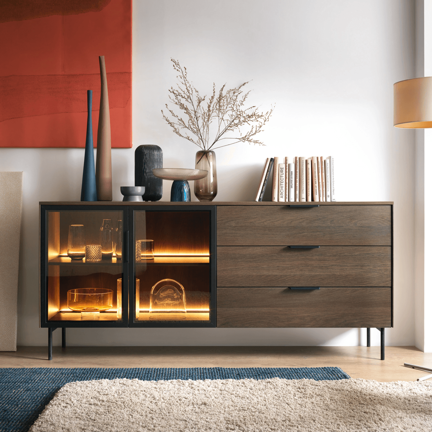 Komoda Lineo LED z szufladami 181 cm Dąb dunin + czarne nóżki - zdjęcie 2