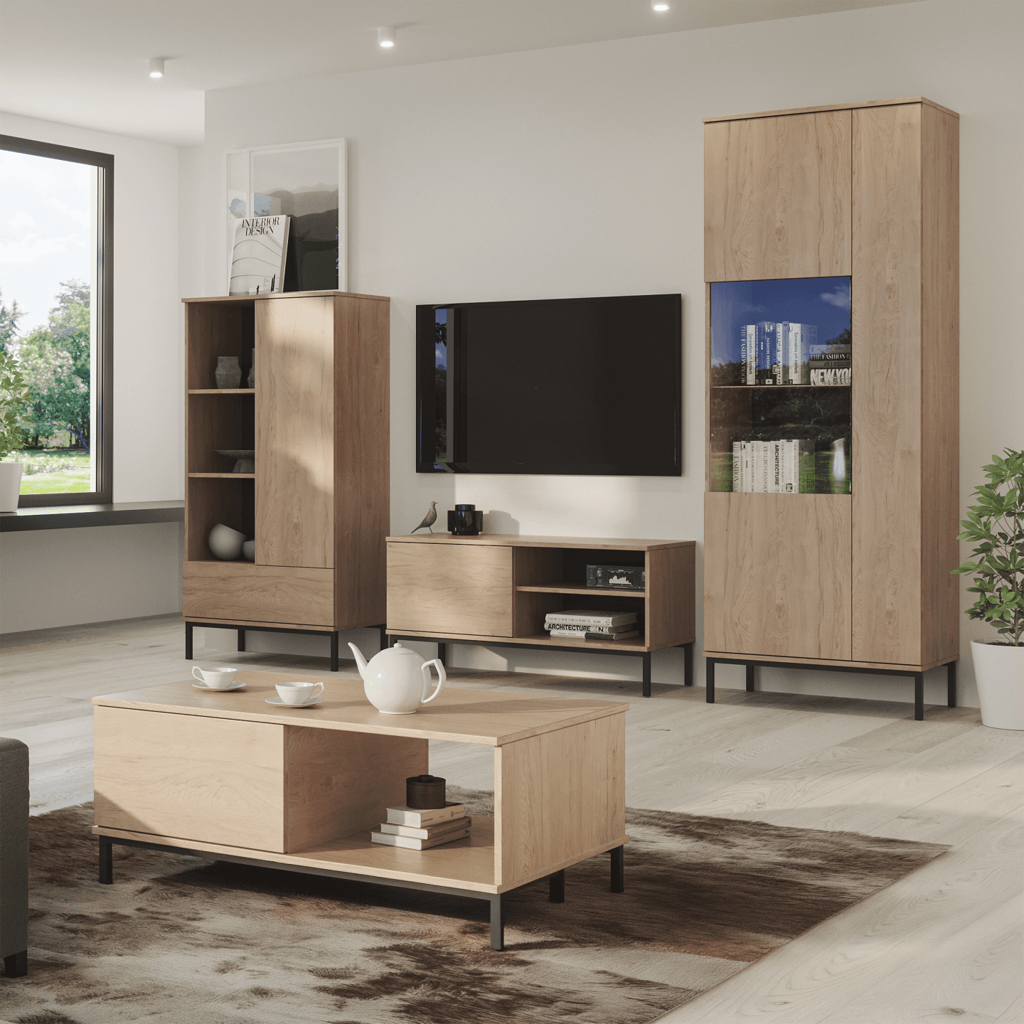 Witryna Amber 190 cm Dąb hikora + czarny stelaż