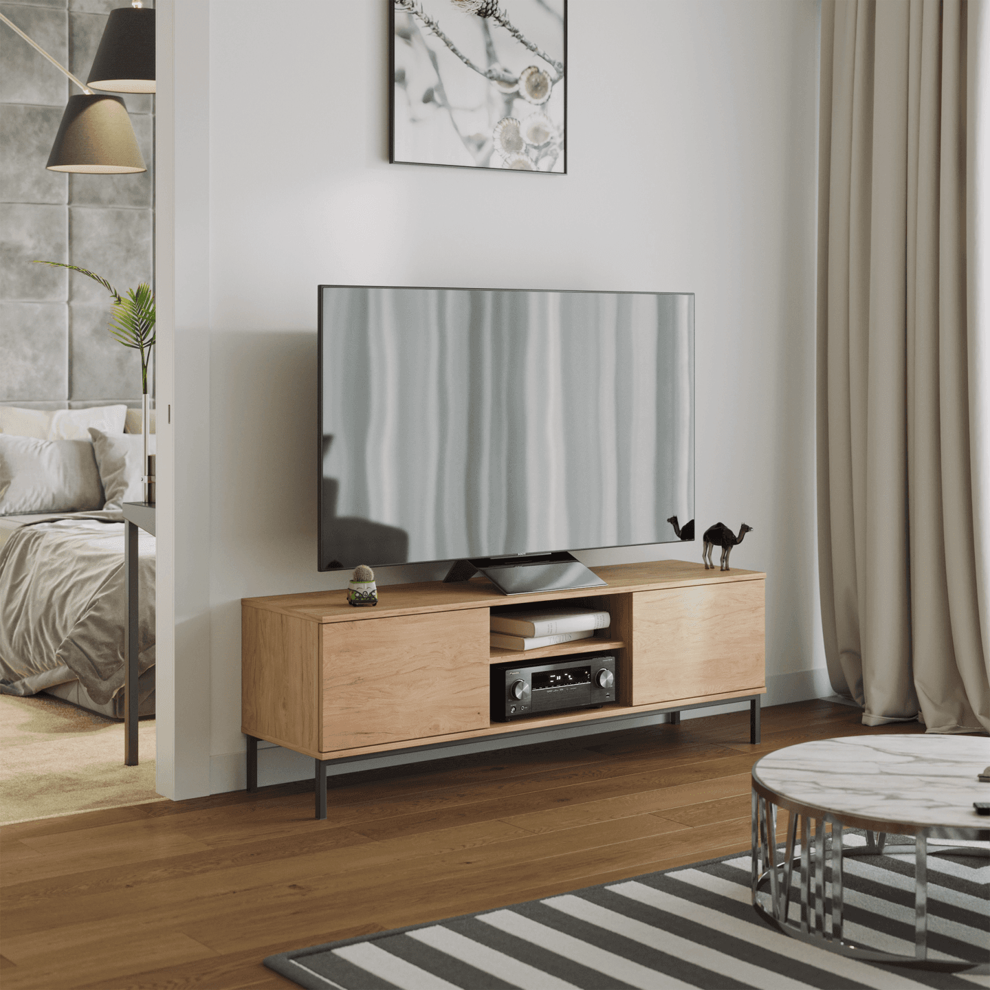 Szafka RTV Amber 150 cm Dąb hikora + czarny stelaż