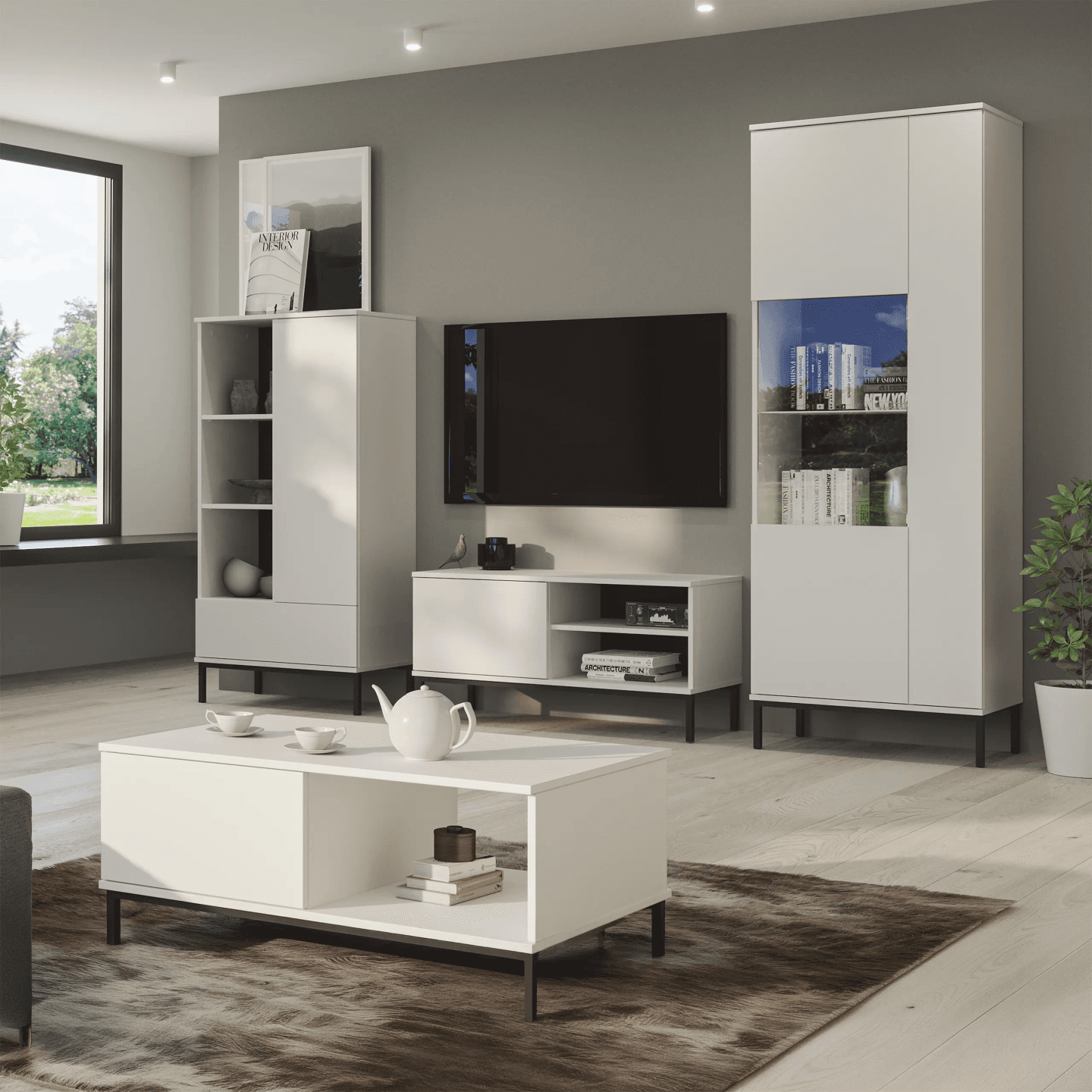 Szafka RTV Amber 101 cm Biała + czarny stelaż