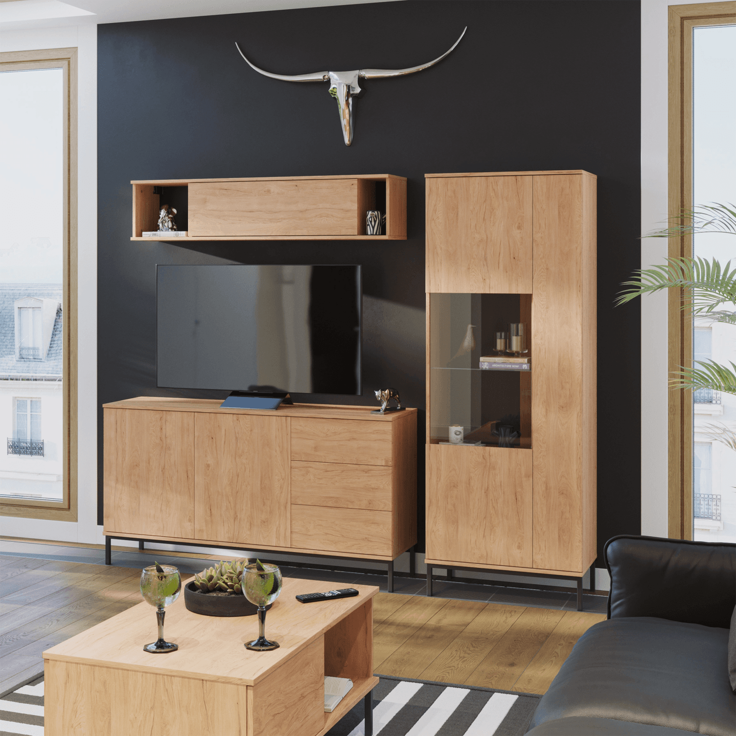 Komoda Amber 150 cm Dąb hikora + czarny stelaż