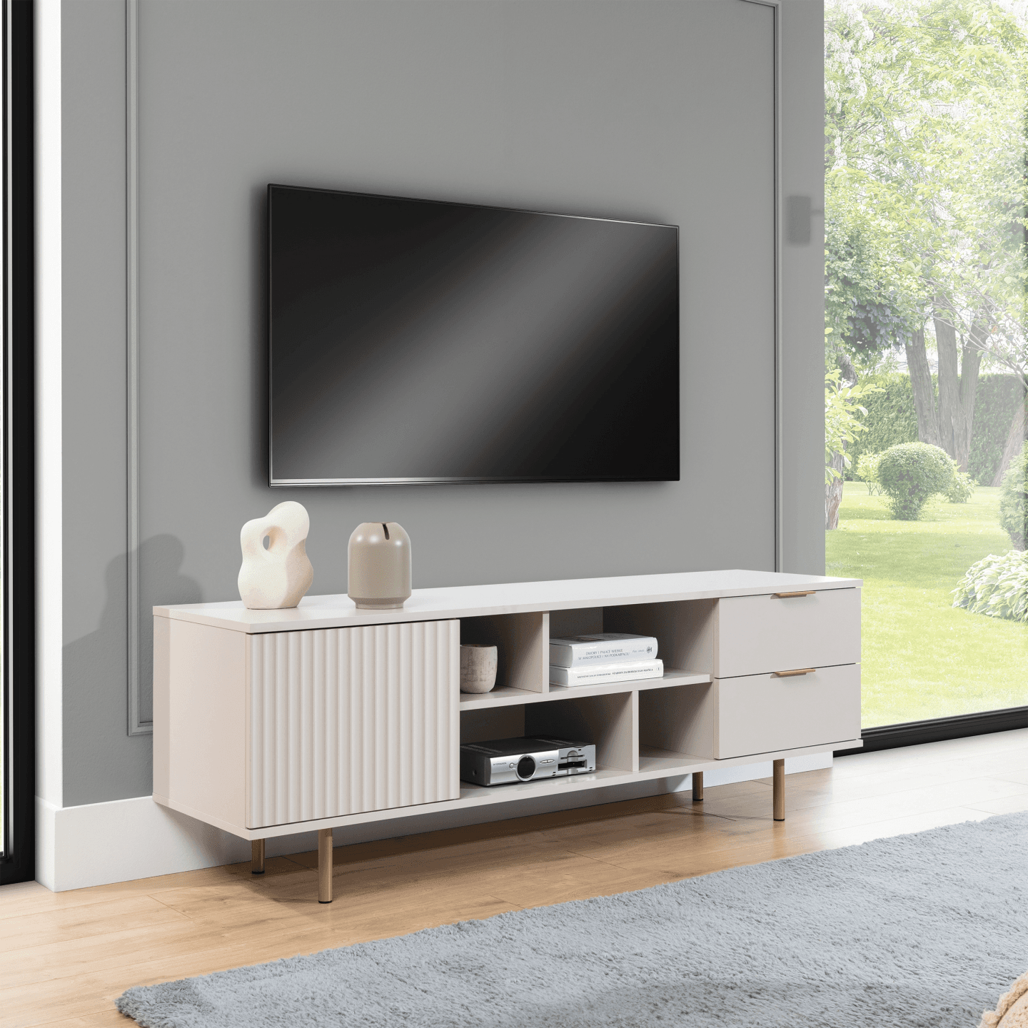 Szafka RTV Belio 150 cm Kaszmir + złote nogi - zdjęcie 2