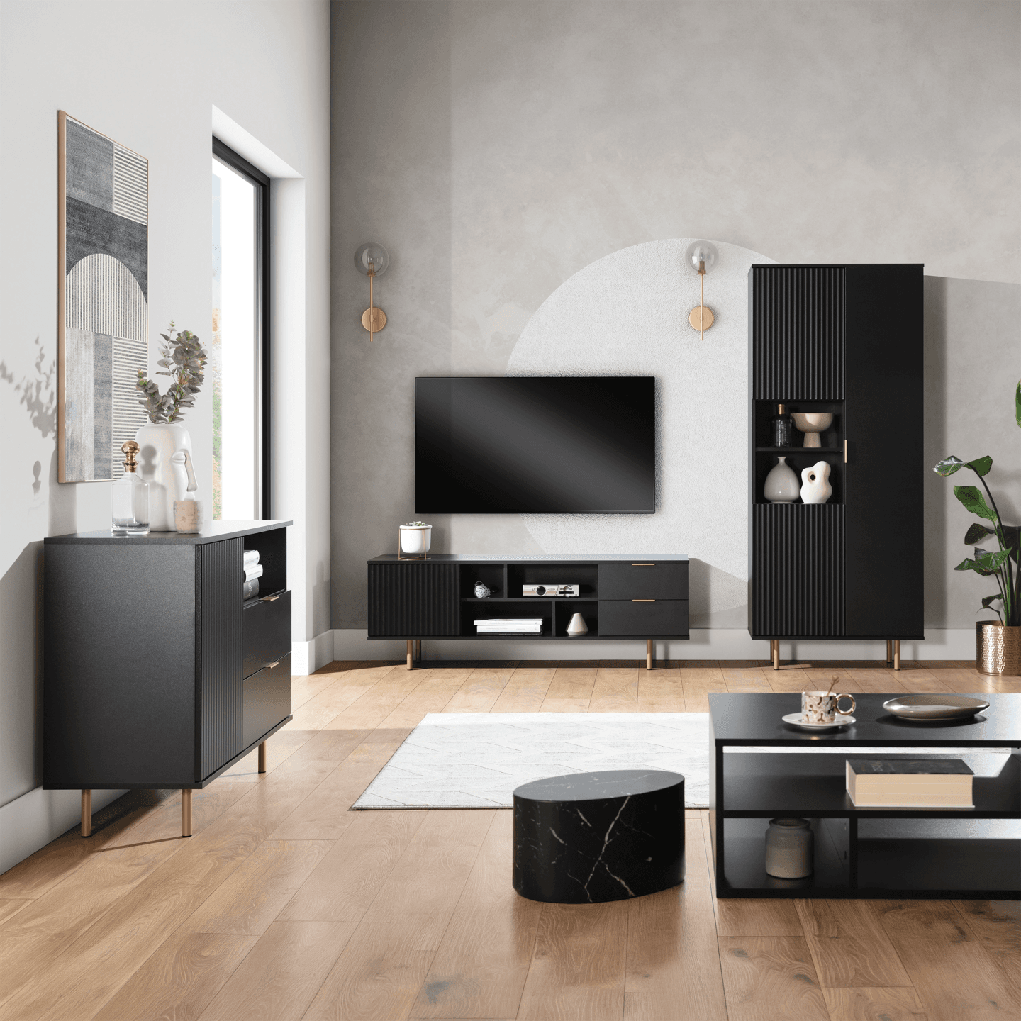 Szafka RTV Belio 150 cm Czarna + złote nogi