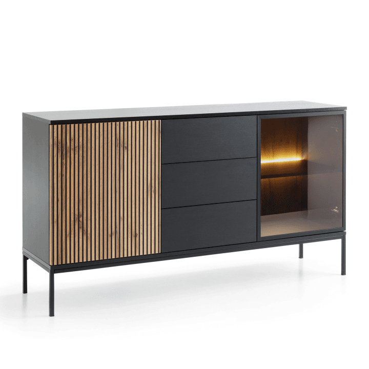 Komoda Royal 154 cm Czarna z LED – Nowoczesna z Szufladami i Przeszkleniem do Salonu