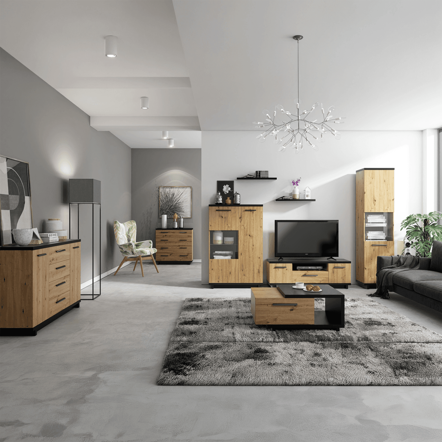 Szafka RTV Vilo 135 cm Dąb artisan + czarny mat