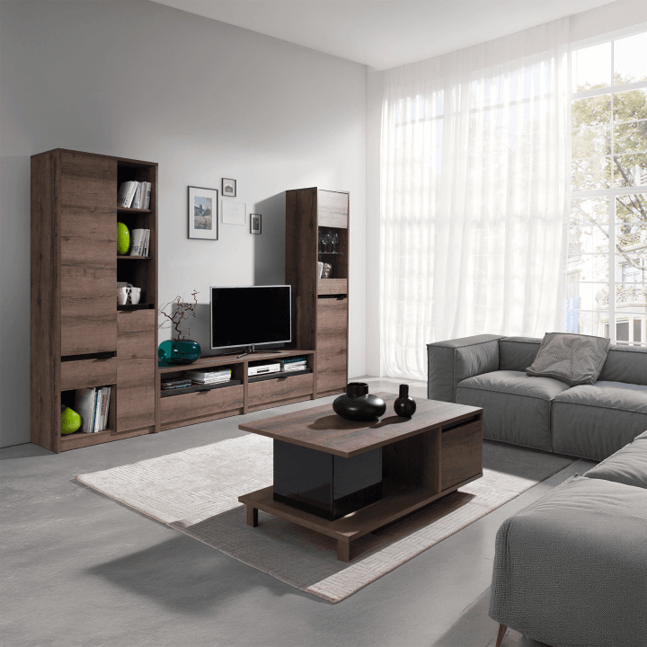 Regał wysoki Woody 200 cm Dąb Monastery + czarny połysk - zdjęcie 2