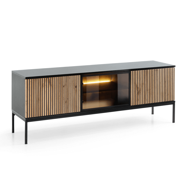 Szafka RTV Royal 154 cm z LED – Czarna Nowoczesna z Przeszkleniem do Stylowego Salonu