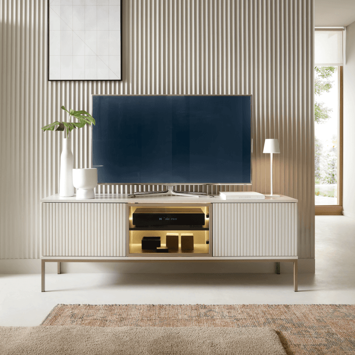 Szafka RTV Royal 154 cm Kaszmir z oświetleniem LED pod Telewizor Nowoczesna przeszklona - zdjęcie 2