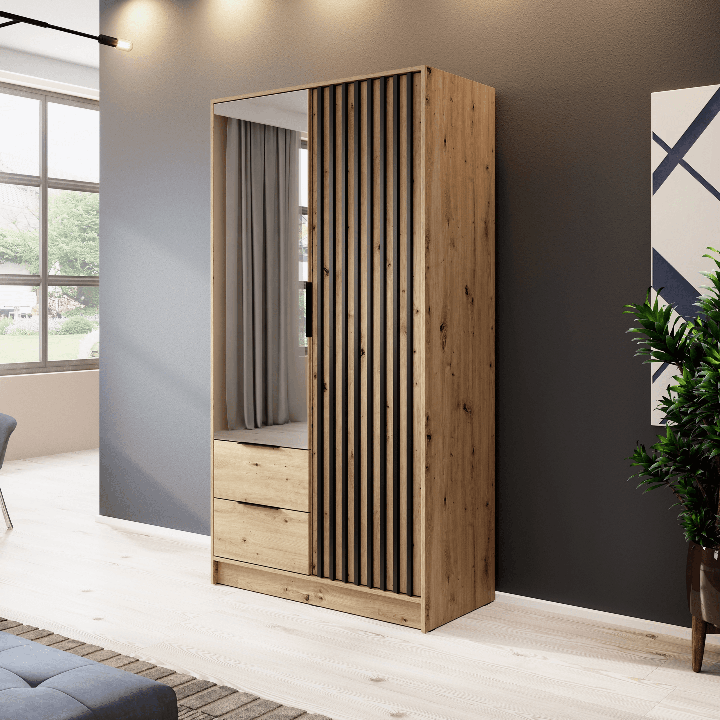 Szafa Bella z lustrem, dąb artisan, lamele 105 x 200 cm - zdjęcie 2