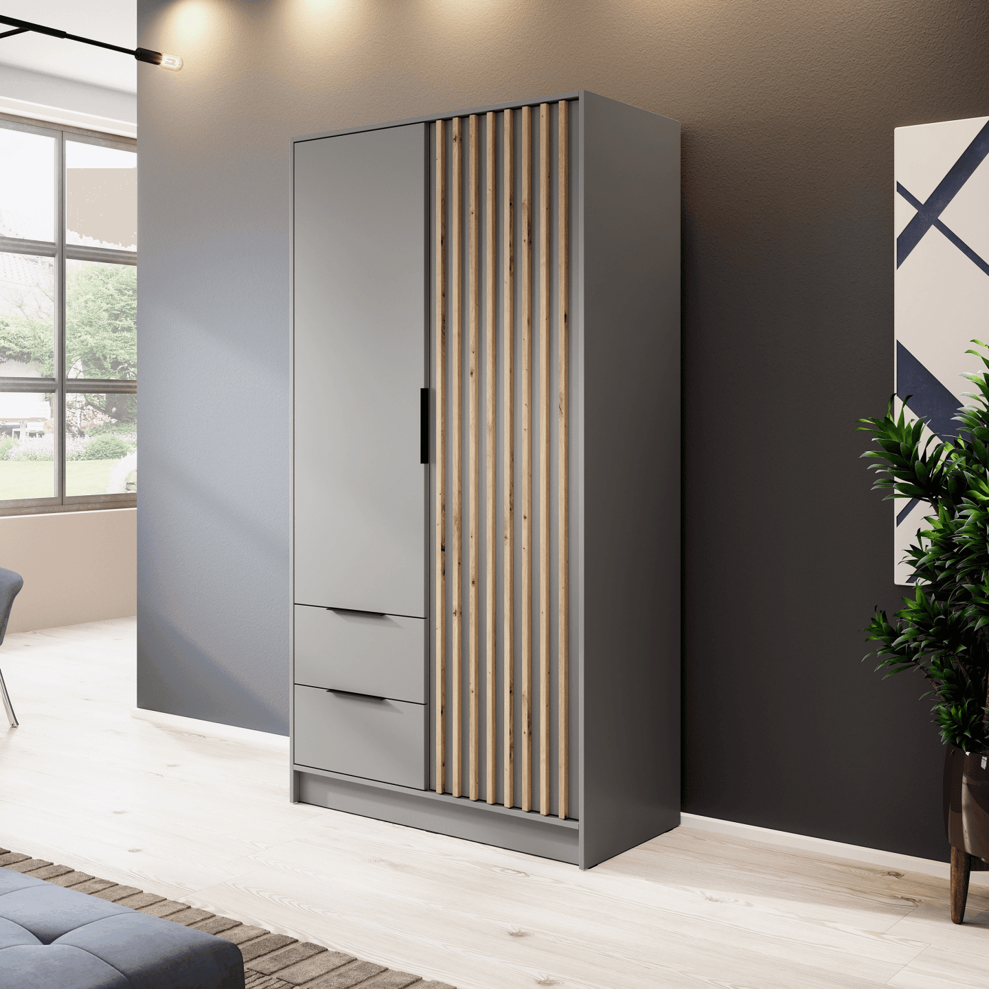 Szafa Bella 105 x 200 cm, lamele, szara - zdjęcie 2